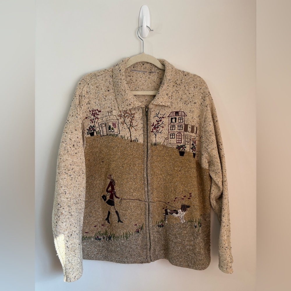 Vintage Novelty Knit Cardigan Embroidered Dog Walker Scenic Cottagecore Sweater - Picture 2 of 5